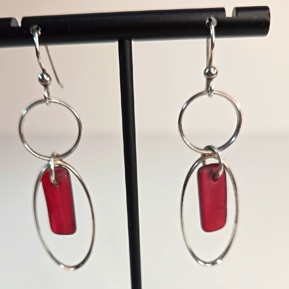 Silver & Sea Glass Elegant Drop Earrings Big Sur Dark Pink NWT